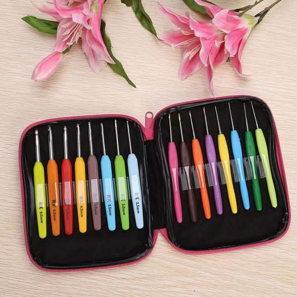 16 crochet hooks with colorful handles in a storage case