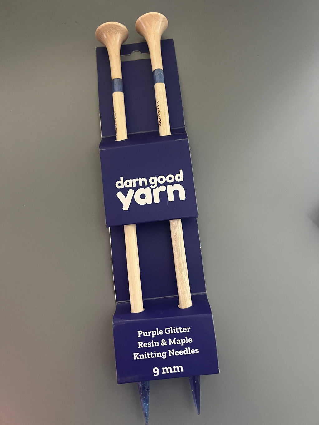 Purple glitter resin and maple knitting needles, alternate view