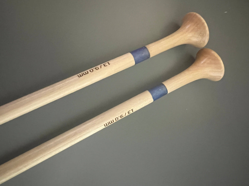 Purple glitter resin and maple knitting needles, alternate view
