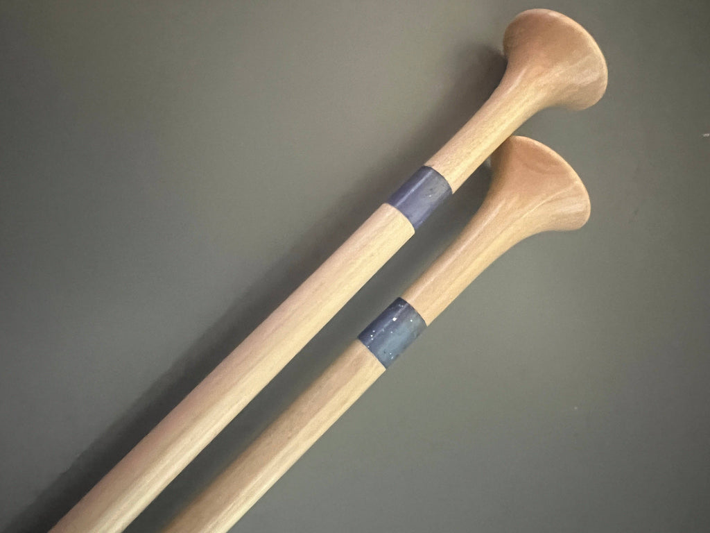 Purple glitter resin and maple knitting needles, alternate view