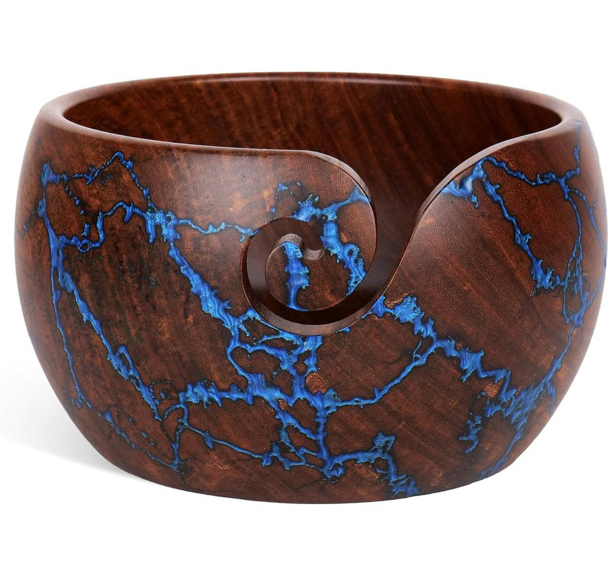 Rosewood yarn bowl with resin accents and a curved yarn guide
