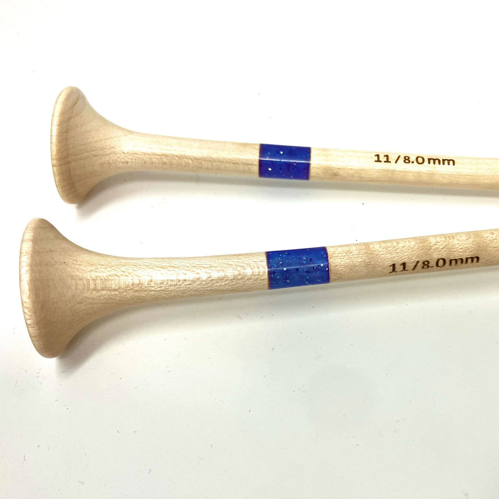 Purple glitter resin and maple knitting needles, alternate view