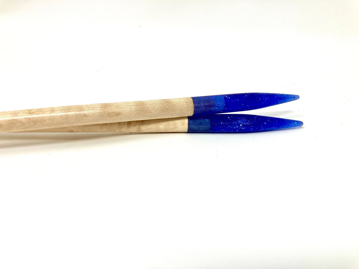 Purple glitter resin and maple knitting needles, alternate view