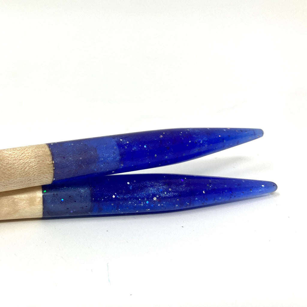 Purple glitter resin and maple knitting needles, alternate view