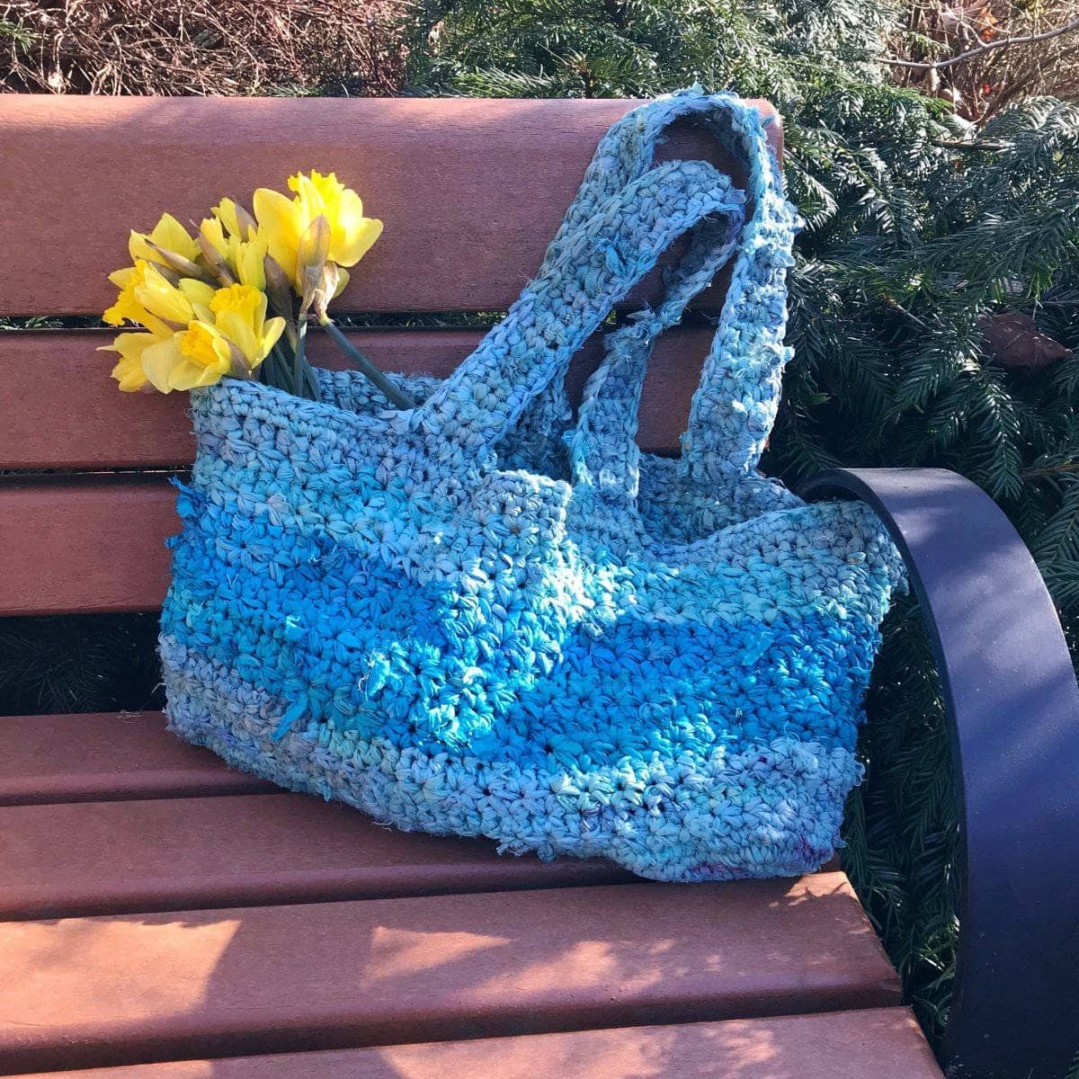 Anna tote bag crocheted in recycled sari silk ribbon yarn