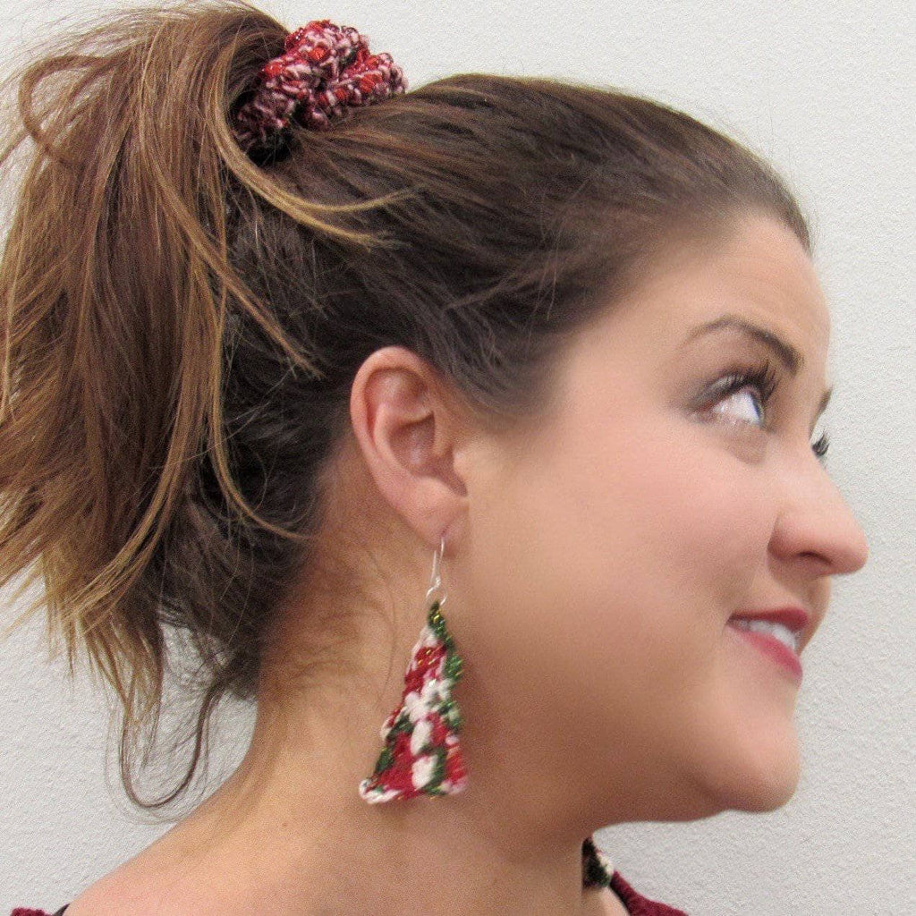 Crocheted sparkly green Christmas tree earrings