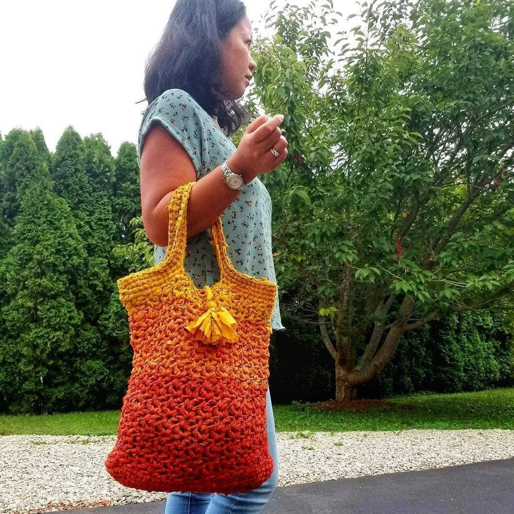 Large crocheted tote bag in ombre chiffon ribbon yarn
