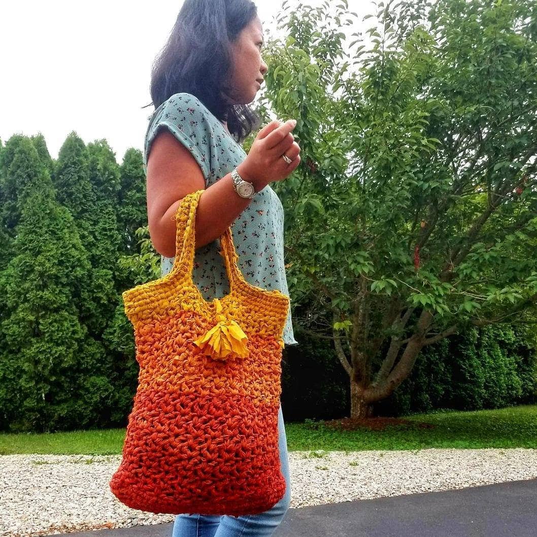 Large crocheted tote bag in ombre chiffon ribbon yarn