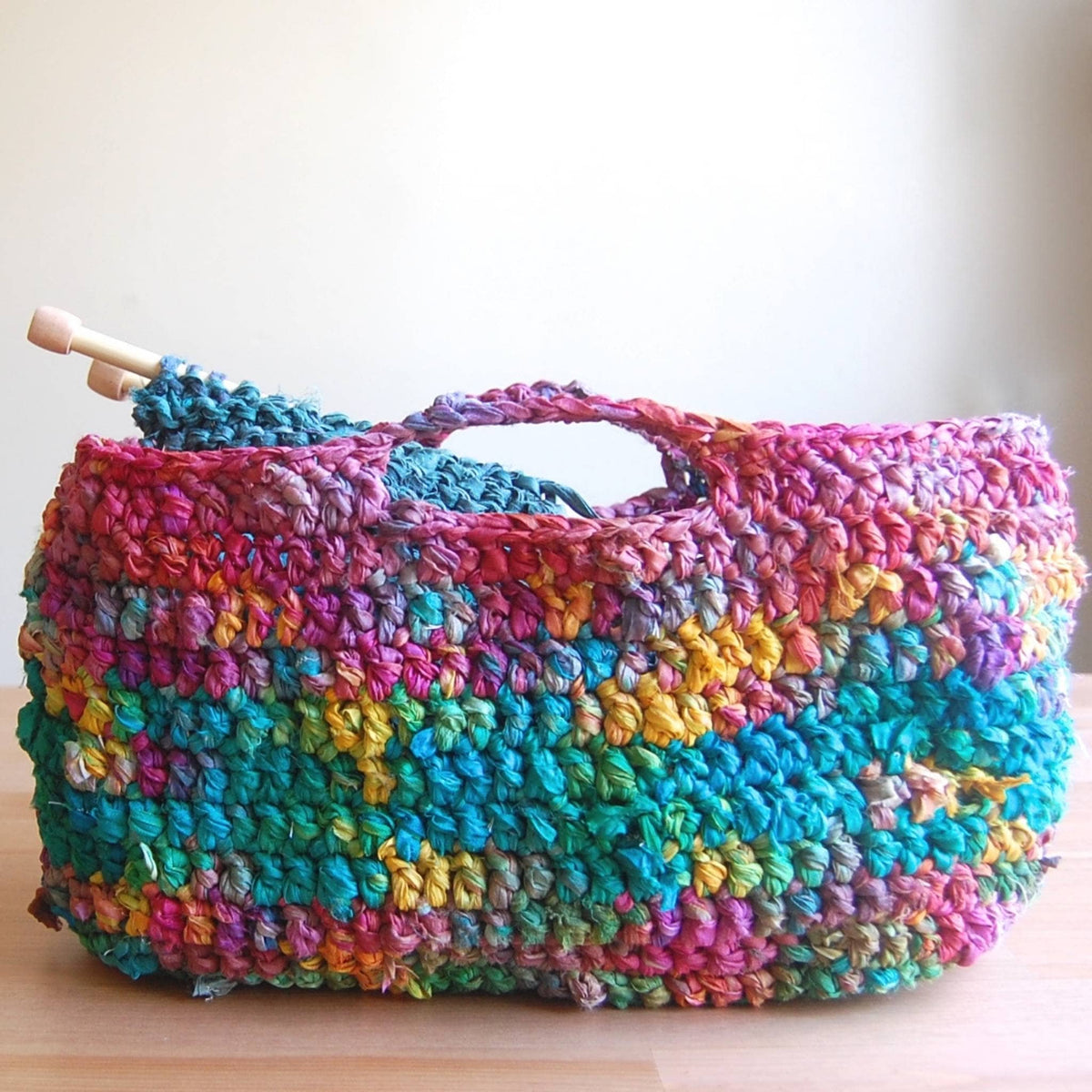 Market tote crocheted in colorful reclaimed chiffon ribbon yarn