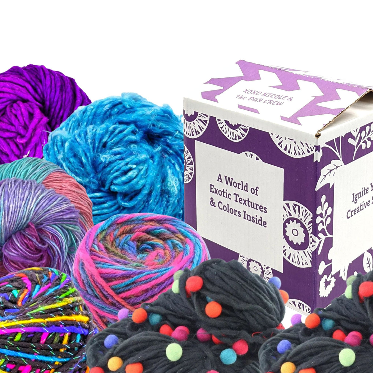 Editor's Box recycled silk yarn bundle, example contents