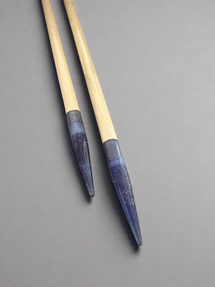 Purple glitter resin and maple knitting needles, alternate view